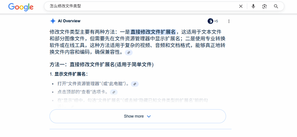 Google AI Overview示例：怎么修改文件类型